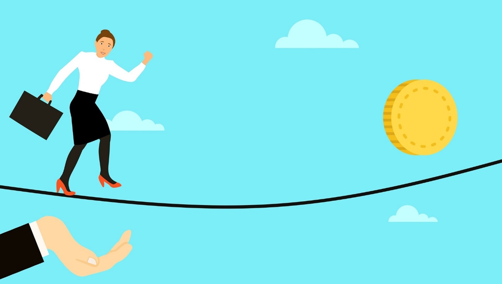 ilustración de mujer con ropa ejecutiva y un portafolio caminando por la cuerda floja
